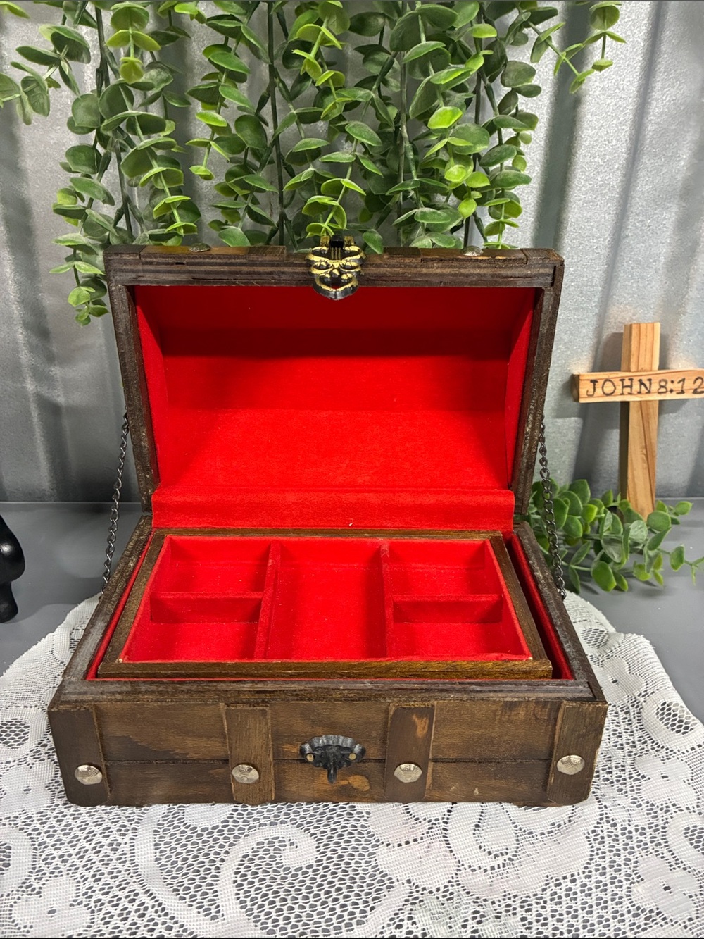 Wooden Jewelry Storage Box with Red Velvet Lining